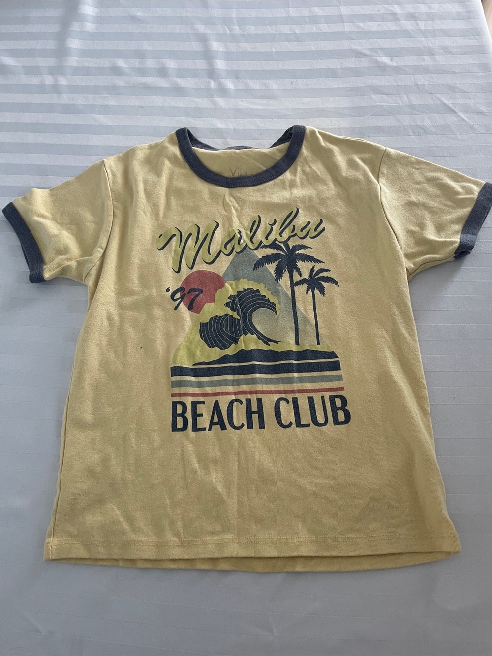 Girls Yellow 'Malibu Beach Club' Short Sleeve Graphic Tee with Navy Trim